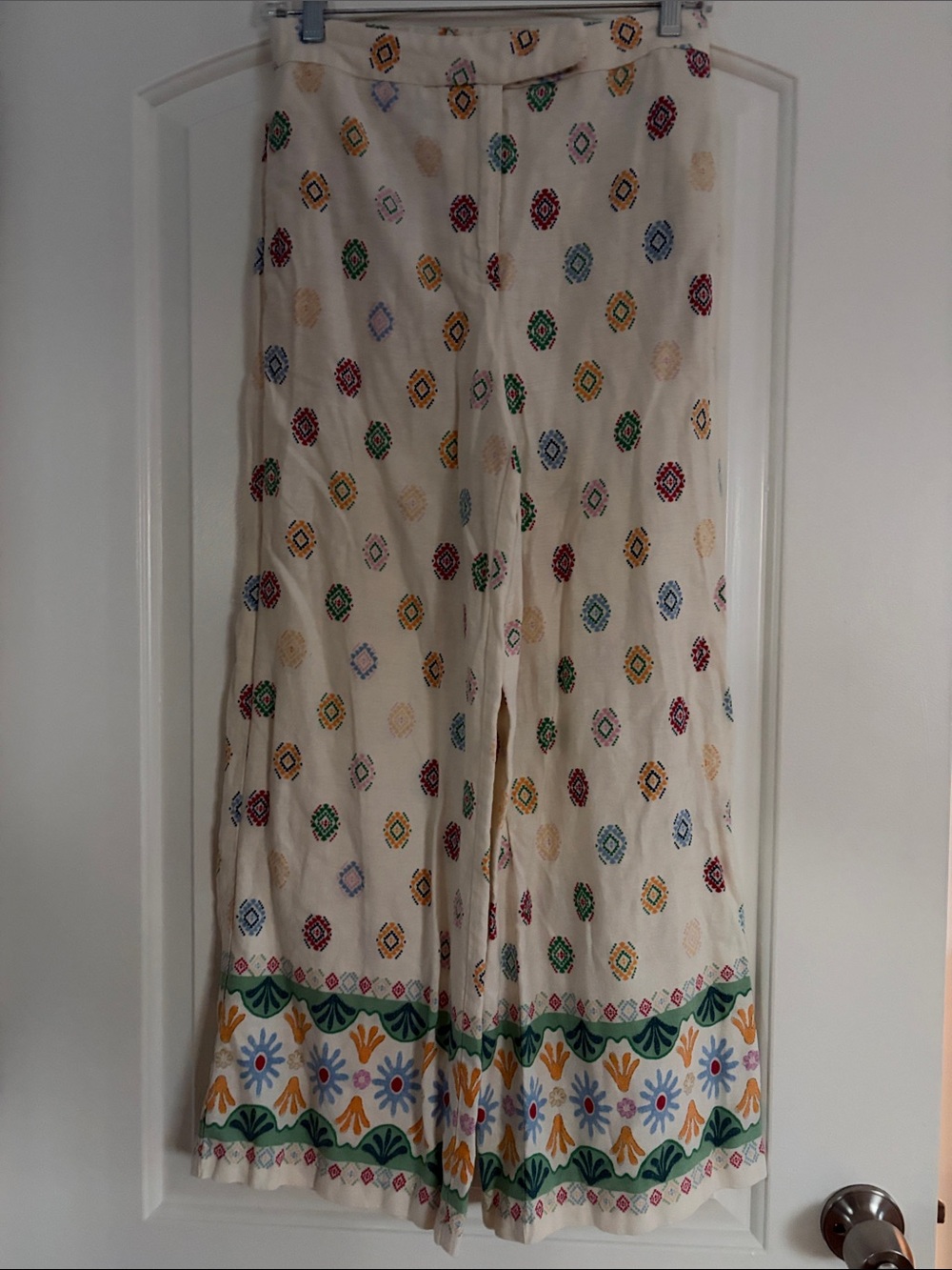 Maison d’Amelie Cream Wide-Leg Linen Blend Boho Pants with Multicolor Motif, S